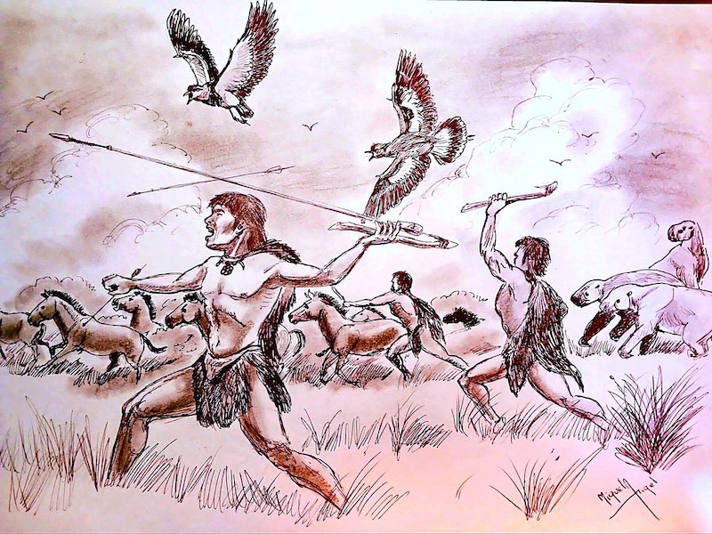 Cazadores de megafauna en Córdoba. Representación artística basada en datos arqueológicos, obra de Miguel Angel Lugo.